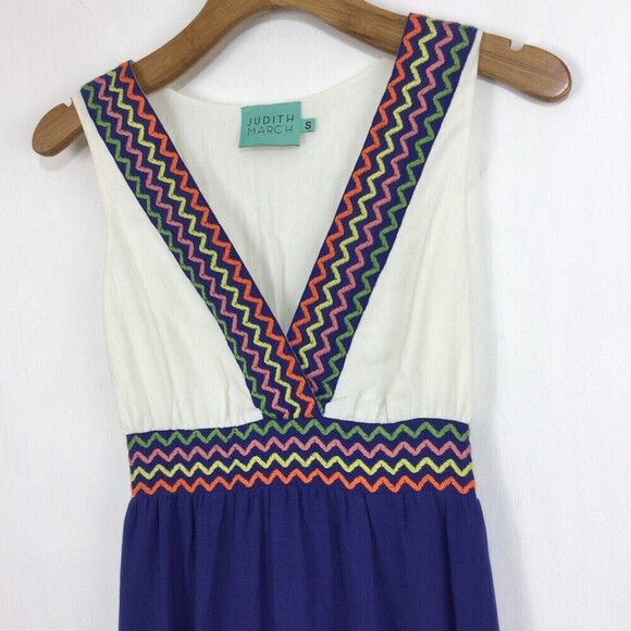 Judith March Embroidered Zigzag V-Neck Sleeveless Summer Maxi Dress Blue White S - Picture 2 of 10